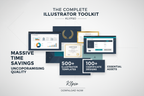 A professional and modern digital poster promoting 'The Complete Illustrator Toolkit' by KLYPSO. The design features sleek representations of various digital artboards—showcasing infographics, certificate designs, and web elements—to visually highlight the 5000+ Illustrator templates, 100+ certificate designs, and essential assets. Key benefits like 'Massive Time Savings' and 'Uncompromising Quality' are prominently displayed. The KLYPSO logo is presented as elegant text at the bottom, alongside a clear cal