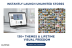 Clean, digital poster. A split-screen showing a sleek Shopify theme on one side and a 40,000+ HD Stock Image library on the other. Headline: INSTANTLY LAUNCH UNLIMITED STORES. Feature: 130+ THEMES & LIFETIME VISUAL FREEDOM. Logo: KLYPSO (text only). CTA: Acquire Your Foundation.