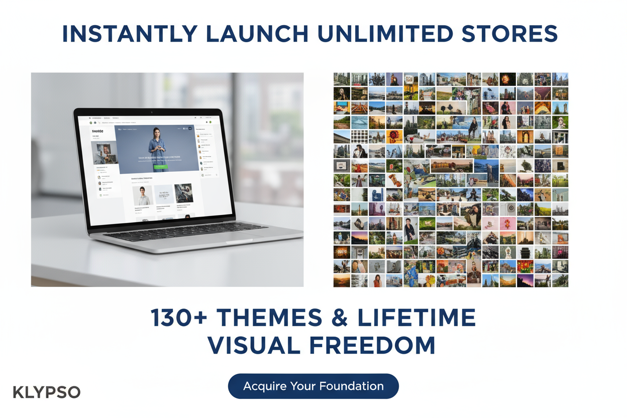 Clean, digital poster. A split-screen showing a sleek Shopify theme on one side and a 40,000+ HD Stock Image library on the other. Headline: INSTANTLY LAUNCH UNLIMITED STORES. Feature: 130+ THEMES & LIFETIME VISUAL FREEDOM. Logo: KLYPSO (text only). CTA: Acquire Your Foundation.