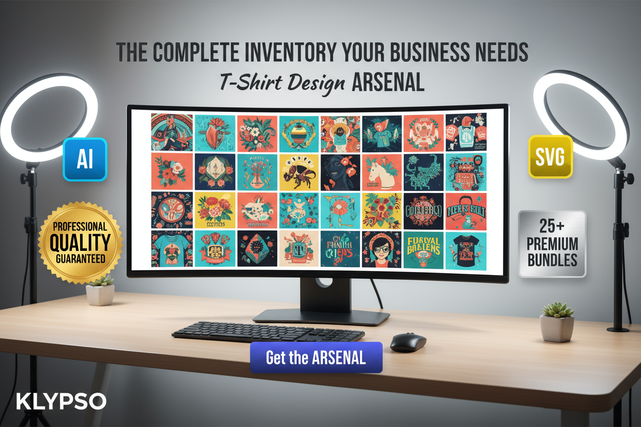 Clean, organized studio desktop setup. A digital screen shows diverse design bundles. Vector icons: AI, EPS, SVG. Highlight PROFESSIONAL QUALITY GUARANTEED and 25+ PREMIUM BUNDLES. Headline: THE COMPLETE INVENTORY YOUR BUSINESS NEEDS. Subtext: T-Shirt Design ARSENAL. Logo: KLYPSO (text only). CTA: Get the ARSENAL.