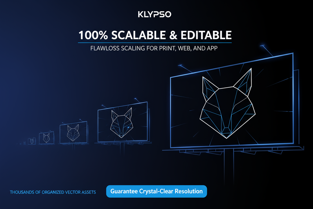 Clean, sharp poster. A small icon or vector graphic shown seamlessly scaling up to billboard size, emphasizing clarity. Highlight 100% SCALABLE & EDITABLE and FLAWLESS SCALING FOR PRINT, WEB, AND APP. Feature: THOUSANDS OF ORGANIZED VECTOR ASSETS. Logo: KLYPSO (text only). CTA: Guarantee Crystal-Clear Resolution.