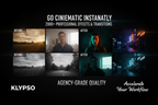 Dark, dramatic poster. A fast-moving sequence of split-screen video frames showing before-and-after cinematic transitions and color grades. Headline: GO CINEMATIC INSTANTLY. Feature: 2000+ PROFESSIONAL EFFECTS & TRANSITIONS. Emphasize AGENCY-GRADE QUALITY. Logo: KLYPSO (text only). CTA: Accelerate Your Workflow.