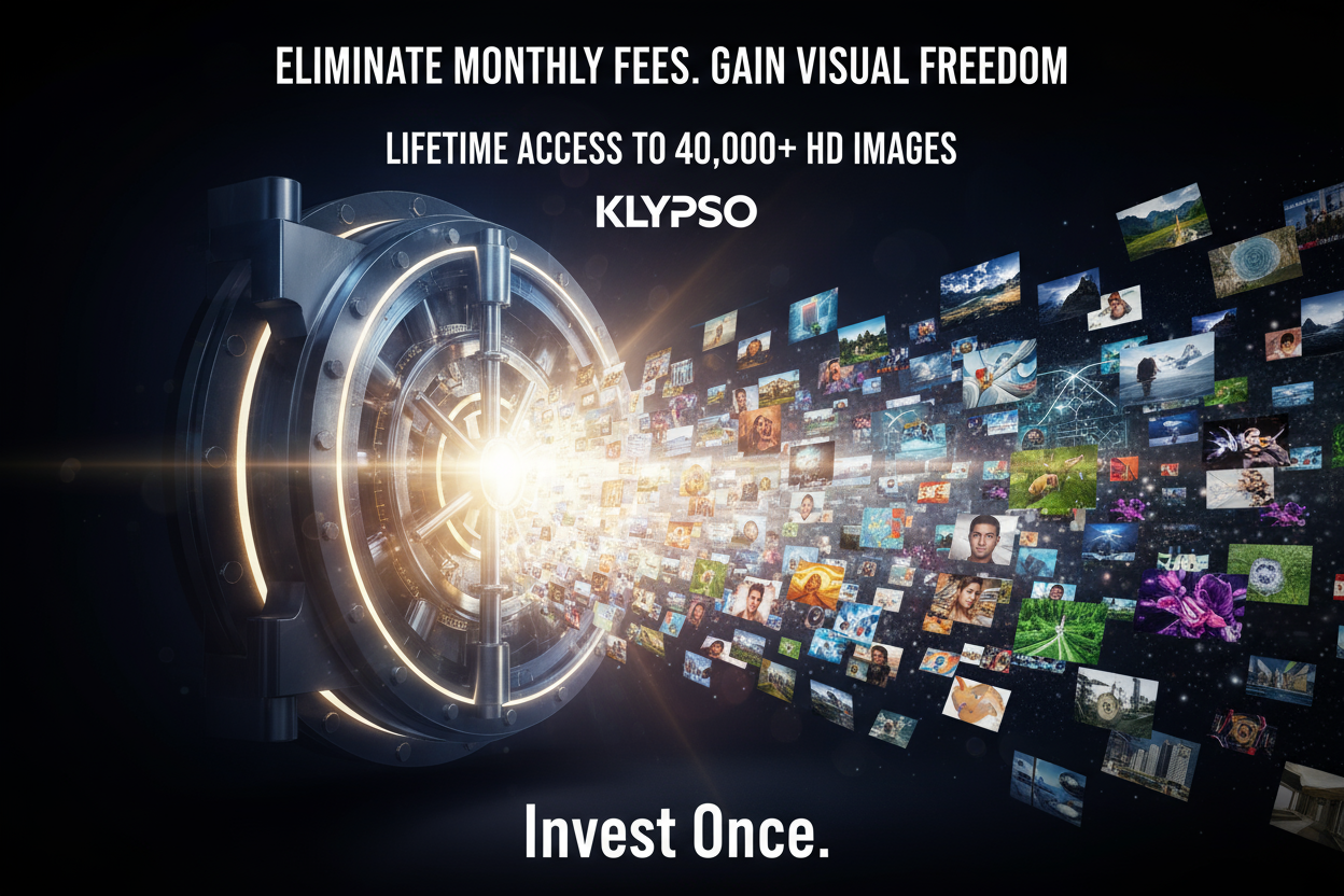 Dark, dramatic poster. A heavy, glowing vault door (stylized as a digital safe) is opening to reveal a bright flood of diverse, high-resolution imagery. Headline: ELIMINATE MONTHLY FEES. GAIN VISUAL FREEDOM. Feature: LIFETIME ACCESS TO 40,000+ HD IMAGES. Logo: KLYPSO (text only). CTA: Invest Once.