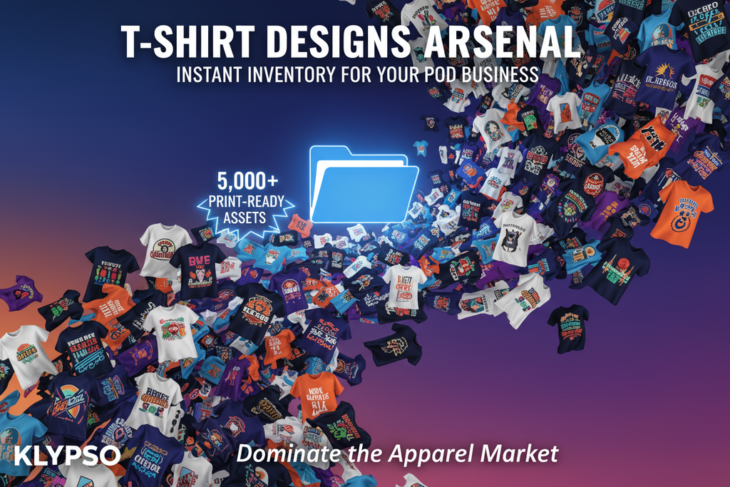 Dynamic poster. A torrent of T-shirt designs (retro, niche, holiday) flowing out of a single file icon. Emphasize T-SHIRT DESIGNS ARSENAL and INSTANT INVENTORY FOR YOUR POD BUSINESS. Feature: 5,000+ PRINT-READY ASSETS. Logo: KLYPSO (text only). CTA: Dominate the Apparel Market.