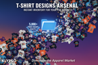 Dynamic poster. A torrent of T-shirt designs (retro, niche, holiday) flowing out of a single file icon. Emphasize T-SHIRT DESIGNS ARSENAL and INSTANT INVENTORY FOR YOUR POD BUSINESS. Feature: 5,000+ PRINT-READY ASSETS. Logo: KLYPSO (text only). CTA: Dominate the Apparel Market.