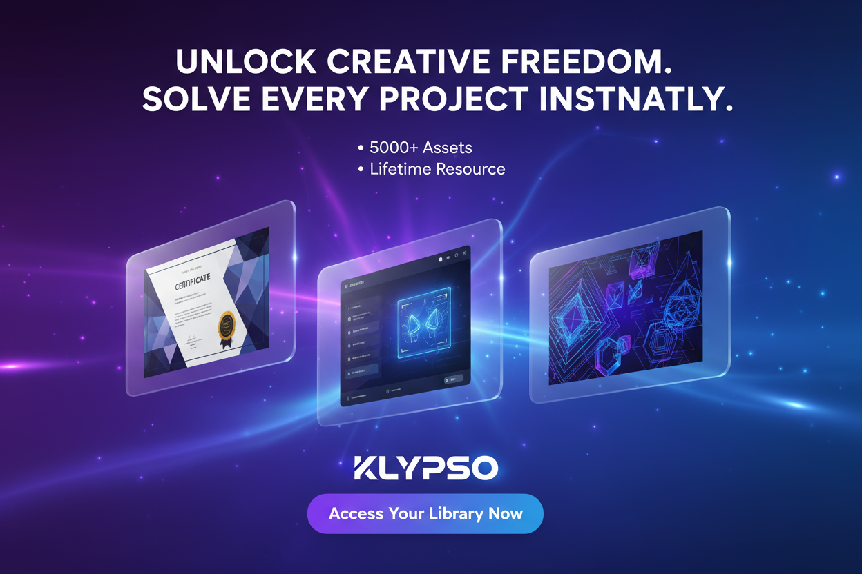 Dynamic poster. Glowing purple/blue abstract background. Floating, translucent screens display diverse vector art: certificate, UI, complex graphics. Headline: UNLOCK CREATIVE FREEDOM. SOLVE EVERY PROJECT INSTANTLY. List: 5000+ Assets, Lifetime Resource. Logo: KLYPSO (text only). CTA: Access Your Library Now.