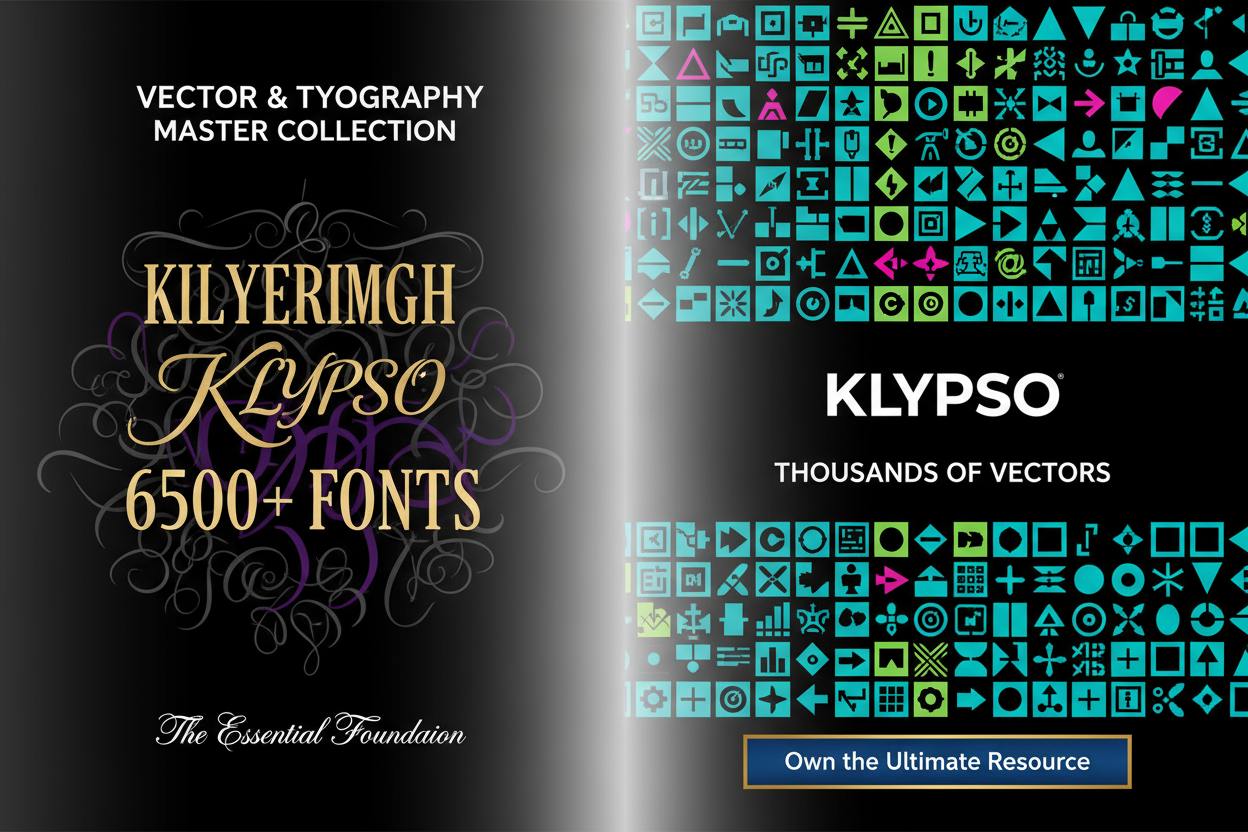 Dynamic, two-part poster design. One side showcases elegant fonts, the other, clean vectors/icons. The two halves merge in the center. Highlight 6500+ FONTS and THOUSANDS OF VECTORS. Headline: VECTOR & TYPOGRAPHY MASTER COLLECTION. Subtext: The Essential Foundation. Logo: KLYPSO (text only). CTA: Own the Ultimate Resource.