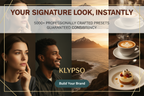 Elegant, artistic poster. A collage of diverse photos (portraits, landscapes, food) all united by a consistent, high-end color grade. Highlight 5000+ PROFESSIONALLY CRAFTED PRESETS & GUARANTEED CONSISTENCY. Headline: YOUR SIGNATURE LOOK, INSTANTLY. Logo: KLYPSO (text only). CTA: Build Your Brand.