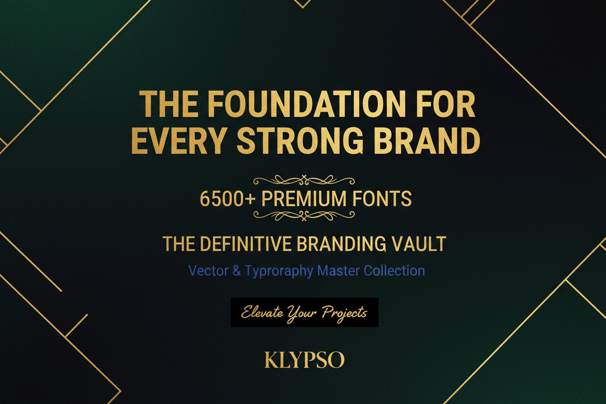 Elegant, sophisticated poster. Showcase a typographic design using multiple stylish, premium fonts. Emphasize 6500+ PREMIUM FONTS and THE DEFINITIVE BRANDING VAULT. Headline: THE FOUNDATION FOR EVERY STRONG BRAND. Subtext: Vector & Typography Master Collection. Logo: KLYPSO (text only). CTA: Elevate Your Projects.