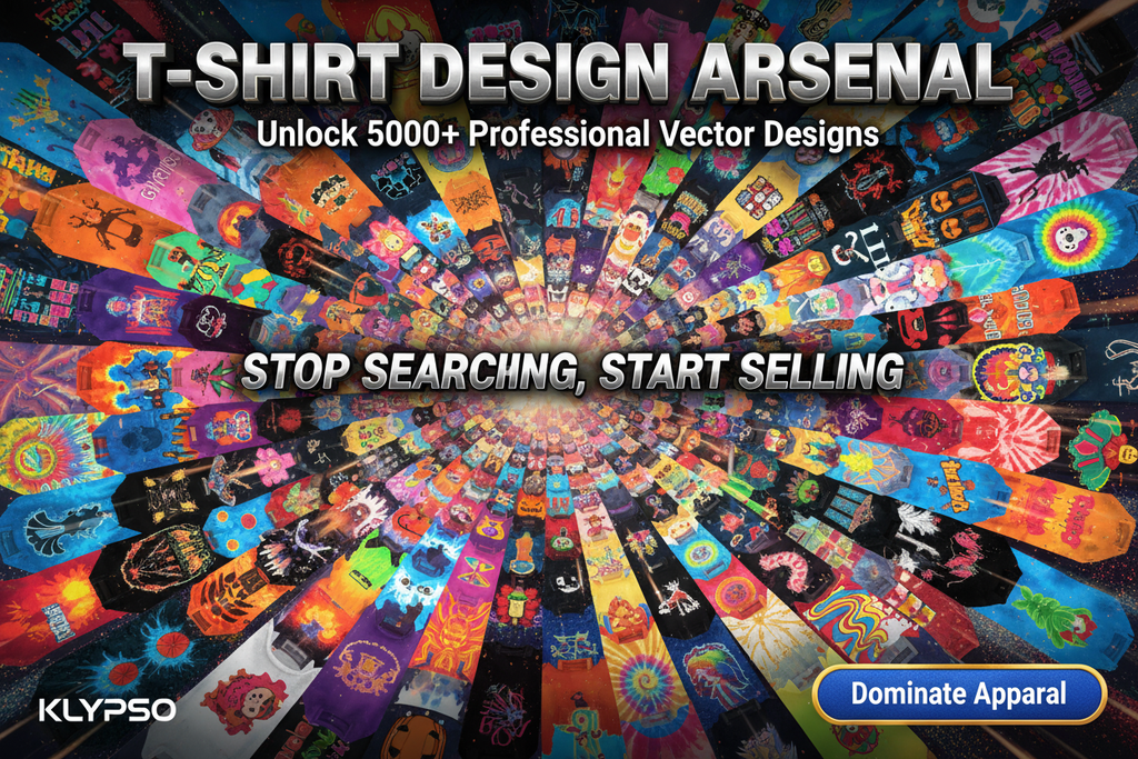 Explosive, dynamic poster. A torrent of 5000+ T-shirt designs visually bursting forth: retro, niche, holiday, abstract. Overflowing, vibrant. Headline: T-SHIRT DESIGN ARSENAL. Subtext: Unlock 5000+ Professional Vector Designs. Bold text: STOP SEARCHING, START SELLING. Logo: KLYPSO (text only). CTA: Dominate Apparel