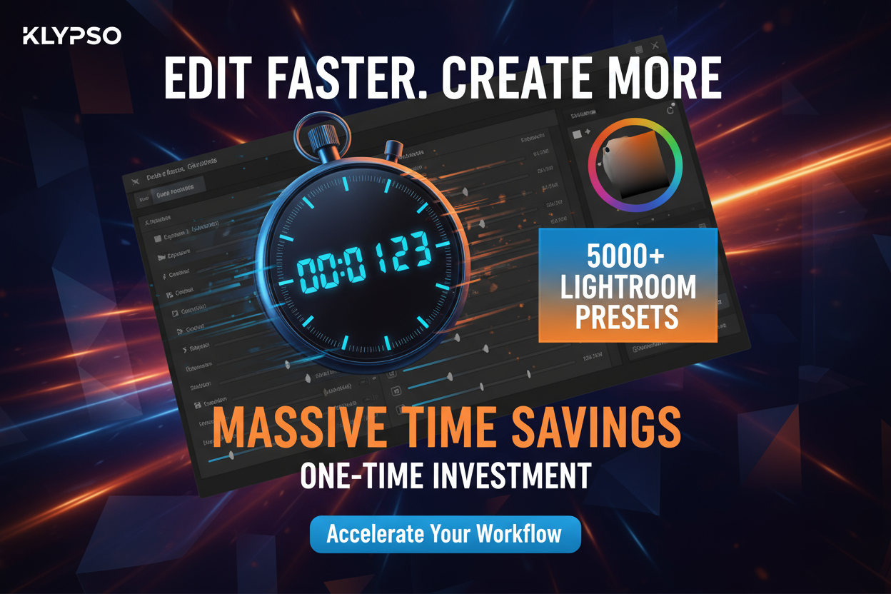 High-energy, dynamic poster. A clock face or stopwatch with a drastically reduced time, overlaid on a professional photo editing interface. Emphasize MASSIVE TIME SAVINGS & ONE-TIME INVESTMENT. Feature: 5000+ LIGHTROOM PRESETS. Headline: EDIT FASTER. CREATE MORE. Logo: KLYPSO (text only). CTA: Accelerate Your Workflow.