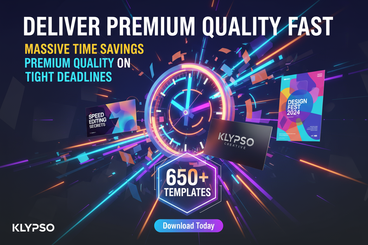 High-energy, modern poster. Visual of a clock face or speed lines intersecting with diverse design mockups: YouTube thumbnail, sleek business card, event flyer. Focus on MASSIVE TIME SAVINGS & PREMIUM QUALITY ON TIGHT DEADLINES. Feature 650+ TEMPLATES. Headline: DELIVER PREMIUM QUALITY FAST. Logo: KLYPSO (text only). CTA: Download Today.