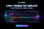 High-energy poster. A timeline/interface showing complex cinematic effects and motion graphics being applied instantly. Highlight 2,000+ PREMIERE PRO TEMPLATES and INSTANT PROFESSIONAL CINEMATIC GRADING. Logo: KLYPSO (text only). CTA: Accelerate Video Production.