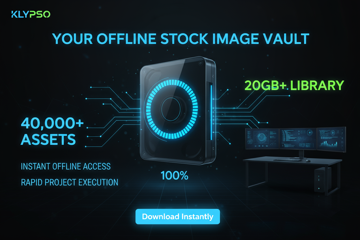 High-utility, dark-mode poster. Visual of a massive hard drive or cloud icon showing a progress bar at 100%, connected to a desktop. Feature: 40,000+ ASSETS & 20GB+ LIBRARY. Emphasize INSTANT OFFLINE ACCESS and RAPID PROJECT EXECUTION. Headline: YOUR OFFLINE STOCK IMAGE VAULT. Logo: KLYPSO (text only). CTA: Download Instantly.