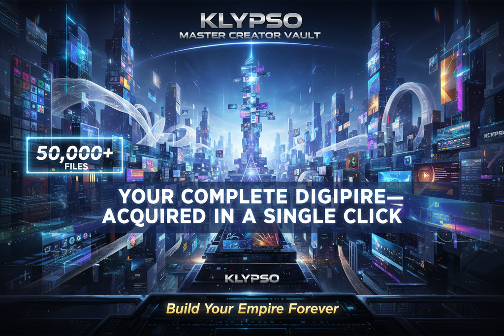 Majestic, sprawling poster. A vast, futuristic cityscape of themes, images, fonts, and videos under the banner of KLYPSO MASTER CREATOR VAULT. Headline: YOUR COMPLETE DIGITAL EMPIRE—ACQUIRED IN A SINGLE CLICK. Feature: 50,000+ FILES. Logo: KLYPSO (text only). CTA: Build Your Empire Forever.