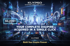 Majestic, sprawling poster. A vast, futuristic cityscape of themes, images, fonts, and videos under the banner of KLYPSO MASTER CREATOR VAULT. Headline: YOUR COMPLETE DIGITAL EMPIRE—ACQUIRED IN A SINGLE CLICK. Feature: 50,000+ FILES. Logo: KLYPSO (text only). CTA: Build Your Empire Forever.