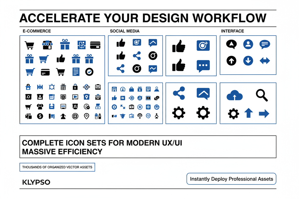Modern, structured poster. A clean grid showcasing diverse icon systems (E-Commerce, Social Media, Interface). Emphasize COMPLETE ICON SETS FOR MODERN UX/UI and MASSIVE EFFICIENCY. Feature: THOUSANDS OF ORGANIZED VECTOR ASSETS. Headline: ACCELERATE YOUR DESIGN WORKFLOW. Logo: KLYPSO (text only). CTA: Instantly Deploy Professional Assets.