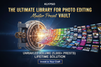Premium, bold poster. A stylized vault door opening to reveal an infinite library of color swatches and photo previews. Highlight UNRIVALED VOLUME (5,000+ PRESETS) and LIFETIME SOLUTION. Headline: THE ULTIMATE LIBRARY FOR PHOTO EDITING. Subtext: Master Preset VAULT. Logo: KLYPSO (text only). CTA: Invest in Your Craft.