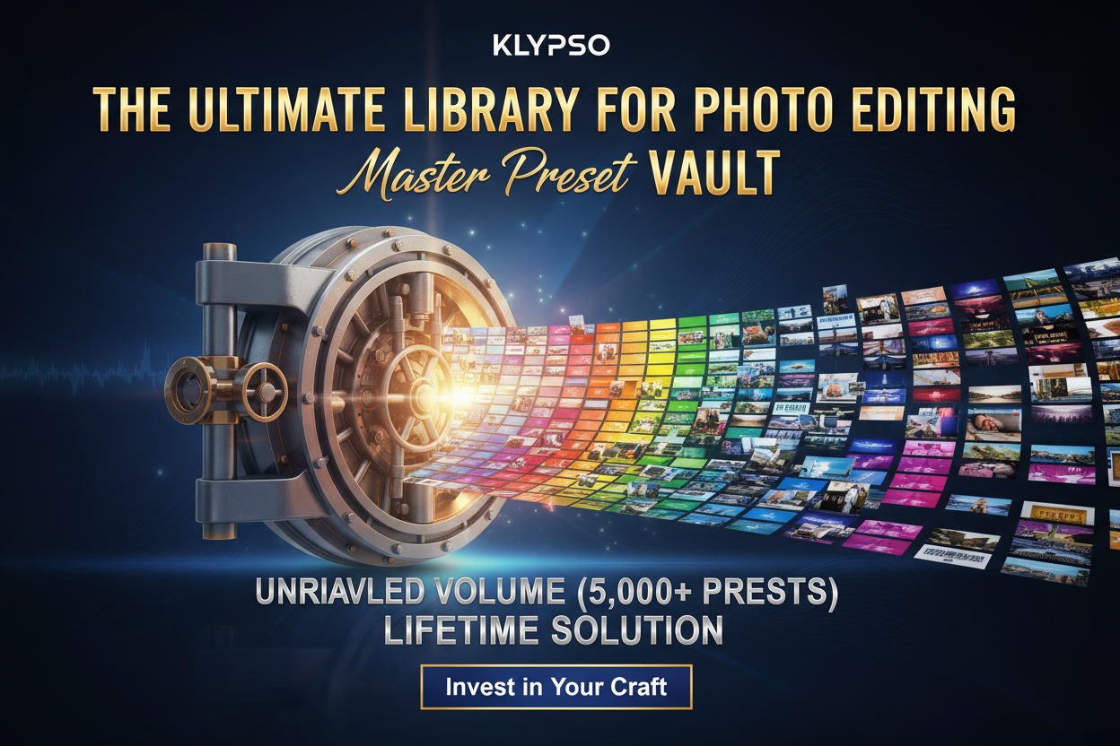 Premium, bold poster. A stylized vault door opening to reveal an infinite library of color swatches and photo previews. Highlight UNRIVALED VOLUME (5,000+ PRESETS) and LIFETIME SOLUTION. Headline: THE ULTIMATE LIBRARY FOR PHOTO EDITING. Subtext: Master Preset VAULT. Logo: KLYPSO (text only). CTA: Invest in Your Craft.