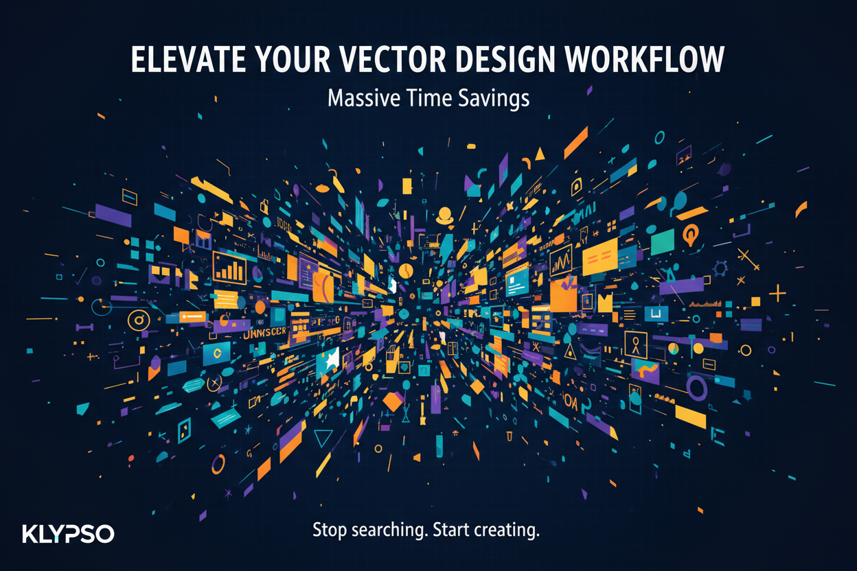 Professional digital poster. Dark blue, subtle grid background. 5000+ Illustrator templates explode from the center: infographic, certificate, web elements. Massive Time Savings. Headline: ELEVATE YOUR VECTOR DESIGN WORKFLOW. Logo: KLYPSO (text only). CTA: Stop searching. Start creating.