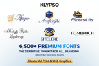 Professional poster. Focus on the core building blocks: stylized typography and Vector Icons (3D, E-commerce). Highlight 6,500+ PREMIUM FONTS and THE DEFINITIVE TOOLKIT FOR ALL BRANDING. Subtext: Design & Typography Assets. Logo: KLYPSO (text only). CTA: Master All Print & Web Graphics.