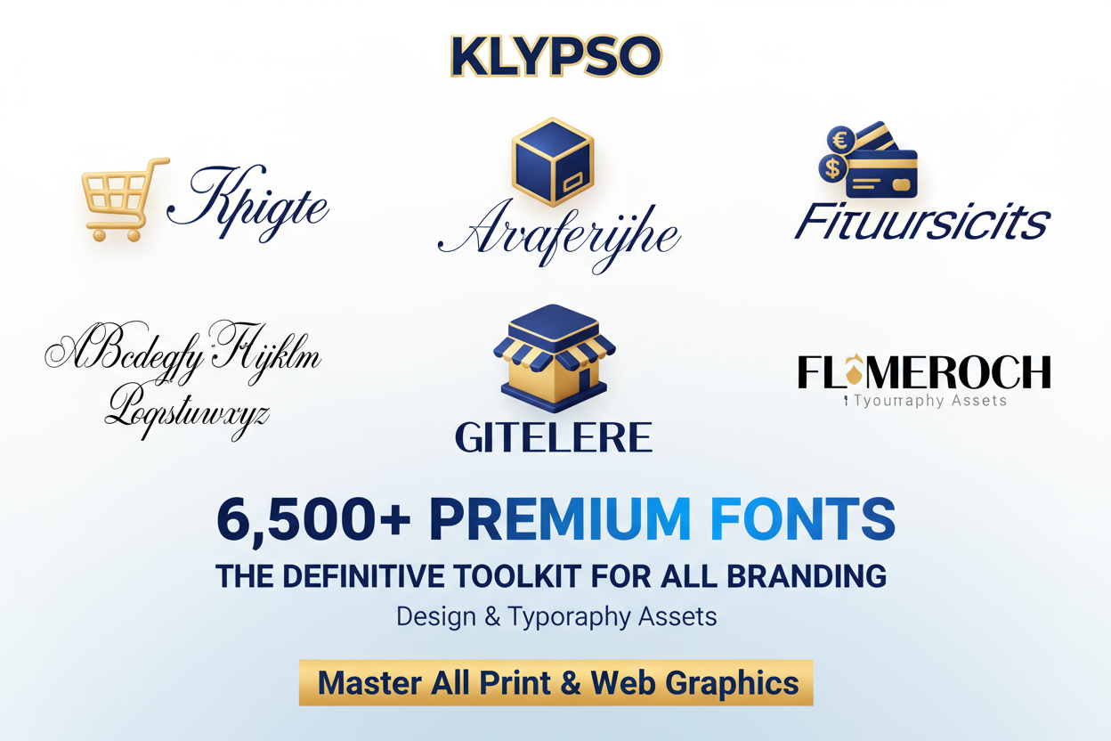 Professional poster. Focus on the core building blocks: stylized typography and Vector Icons (3D, E-commerce). Highlight 6,500+ PREMIUM FONTS and THE DEFINITIVE TOOLKIT FOR ALL BRANDING. Subtext: Design & Typography Assets. Logo: KLYPSO (text only). CTA: Master All Print & Web Graphics.