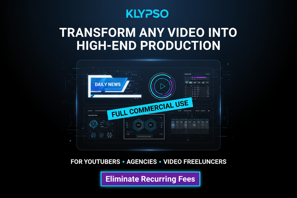 Professional poster targeting video professionals. Showcase elements like Lower Thirds and Infographics. Emphasize FULL COMMERCIAL USE and the target audience: YOUTUBERS, AGENCIES, VIDEO FREELANCERS. Headline: TRANSFORM ANY VIDEO INTO HIGH-END PRODUCTION. Logo: KLYPSO (text only). CTA: Eliminate Recurring Fees.