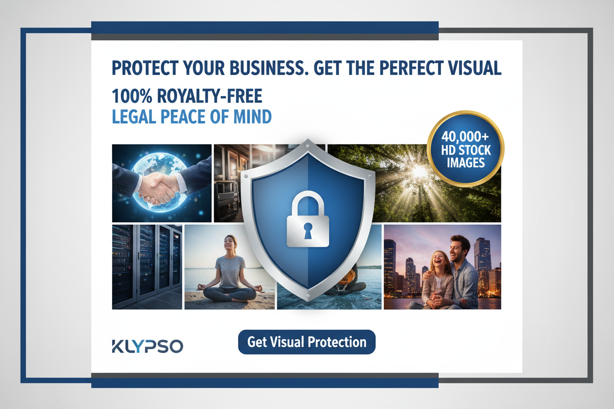 Professional, secure poster design. A shield icon or a lock symbol overlaying a diverse collage of high-definition images. Emphasize 100% ROYALTY-FREE and LEGAL PEACE OF MIND. Headline: PROTECT YOUR BUSINESS. GET THE PERFECT VISUAL. Feature: 40,000+ HD STOCK IMAGES. Logo: KLYPSO (text only). CTA: Get Visual Protection.