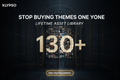Professional Shopify theme poster. Dark, luxurious background with subtle glowing grid lines. A massive, slightly open vault or library door reveals 130+ diverse storefront screenshots receding into the distance. Bold headline: STOP BUYING THEMES ONE BY ONE. Subtext: LIFETIME ASSET LIBRARY. Focus on the number 130+. Logo: KLYPSO (text only). CTA: Own the Foundation.