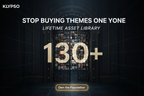 Professional Shopify theme poster. Dark, luxurious background with subtle glowing grid lines. A massive, slightly open vault or library door reveals 130+ diverse storefront screenshots receding into the distance. Bold headline: STOP BUYING THEMES ONE BY ONE. Subtext: LIFETIME ASSET LIBRARY. Focus on the number 130+. Logo: KLYPSO (text only). CTA: Own the Foundation.