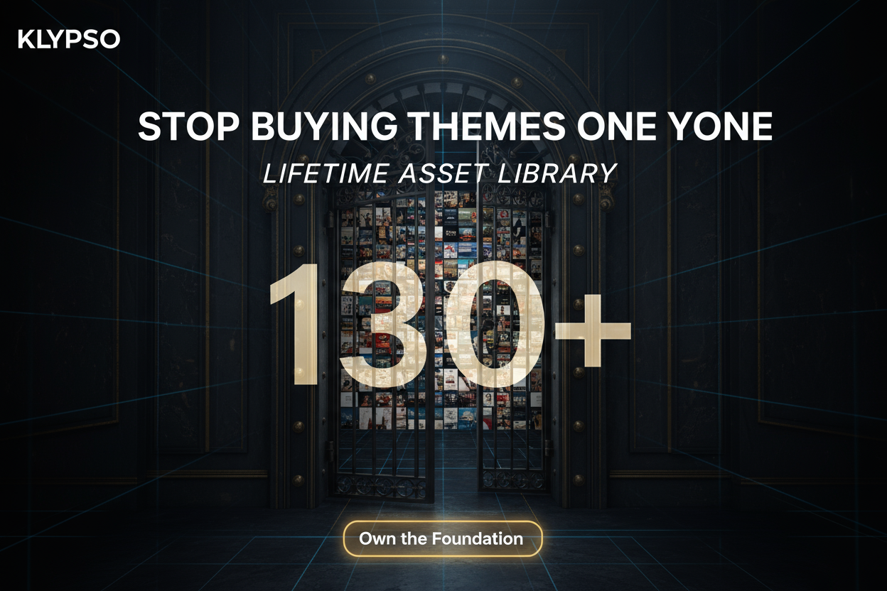 Professional Shopify theme poster. Dark, luxurious background with subtle glowing grid lines. A massive, slightly open vault or library door reveals 130+ diverse storefront screenshots receding into the distance. Bold headline: STOP BUYING THEMES ONE BY ONE. Subtext: LIFETIME ASSET LIBRARY. Focus on the number 130+. Logo: KLYPSO (text only). CTA: Own the Foundation.