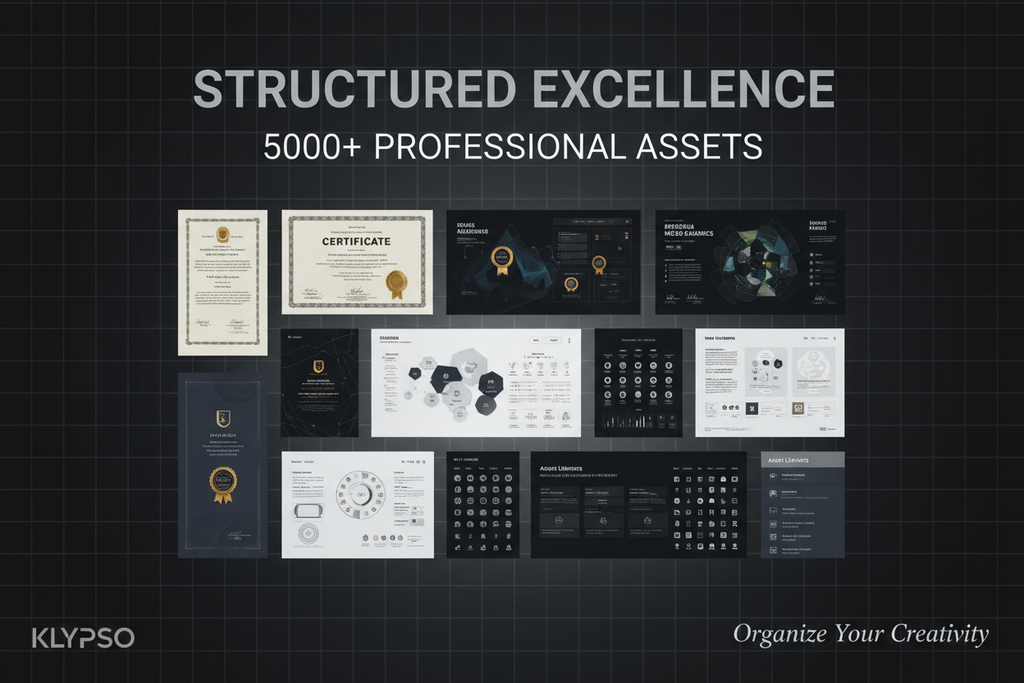 Sophisticated poster. Dark gray, structured grid background. Clean grid of diverse artboards: multiple certificates, infographics, and asset libraries. Emphasize Uncompromising Quality and Lifetime Resource. Headline: STRUCTURED EXCELLENCE. Prominent text: 5000+ PROFESSIONAL ASSETS. Logo: KLYPSO (text only). CTA: Organize Your Creativity.