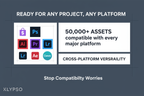 Technical, structured poster. Icons for Shopify, Adobe CC (PS, AI, PR, LR, AE), and Canva arranged in a grid. Highlight CROSS-PLATFORM VERSATILITY. Feature: 50,000+ ASSETS compatible with every major platform. Headline: READY FOR ANY PROJECT, ANY PLATFORM. Logo: KLYPSO (text only). CTA: Stop Compatibility Worries.