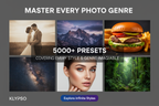 Visually rich, multi-panel poster. A grid of different photo genres (e.g., wedding, cinematic, food, astrophotography) each with a perfectly graded image. Feature 5000+ PRESETS covering EVERY STYLE & GENRE IMAGINABLE. Headline: MASTER EVERY PHOTO GENRE. Logo: KLYPSO (text only). CTA: Explore Infinite Styles.